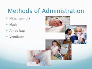Methods of Administration
 Nasal cannula
 Mask
 Ambu bag
 Ventilator
 