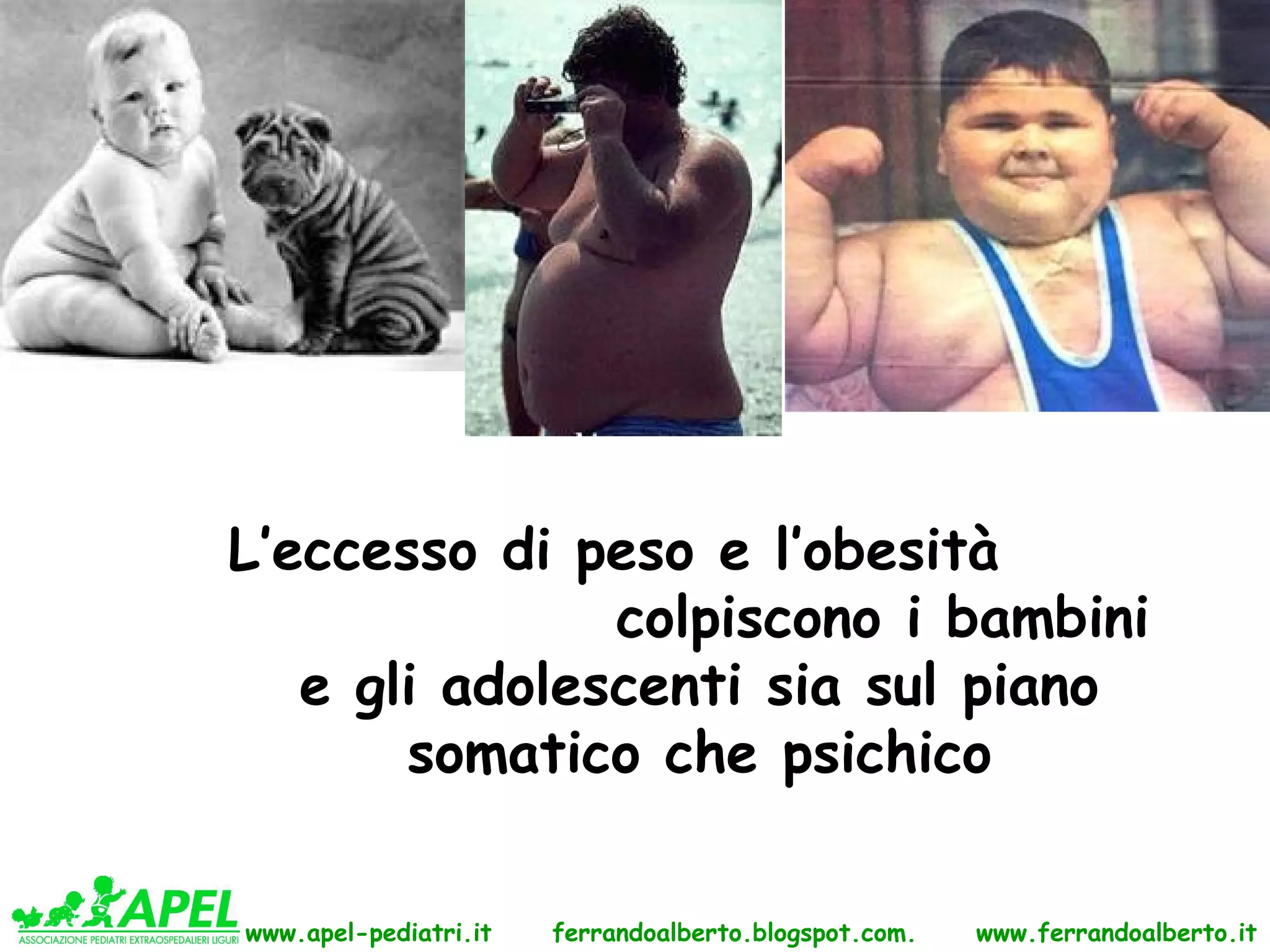 L’eccesso di peso e l’obesità
               colpiscono i bambini
   e gli adolescenti sia sul piano
       somatico che psichico

www.apel-pediatri.it   ferrandoalberto.blogspot.com.   www.ferrandoalberto.it
 