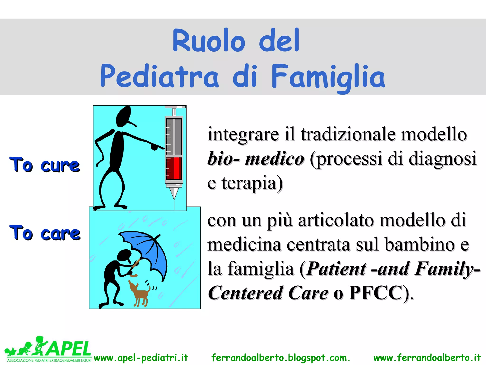 Superamento delRuolo del
                   concetto “paternalistico”
del Medico e sostituzione della “cultura della
malattia” Pediatra di Famiglia
          con la “cultura della salute”

                                 integrare il tradizionale modello
To cure                          bio- medico (processi di diagnosi
                                 e terapia)
                                 con un più articolato modello di
To care
                                 medicina centrata sul bambino e
                                 la famiglia (Patient -and Family-
                                 Centered Care o PFCC).


          www.apel-pediatri.it   ferrandoalberto.blogspot.com.   www.ferrandoalberto.it
 