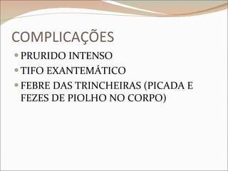 COMPLICAÇÕES PRURIDO INTENSO TIFO EXANTEMÁTICO FEBRE DAS TRINCHEIRAS (PICADA E FEZES DE PIOLHO NO CORPO) 