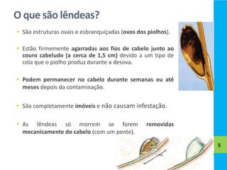 O que são lêndeas?
8
• São estruturas ovais e esbranquiçadas (ovos dos piolhos).
• Estão firmemente agarradas aos fios de cabelo junto ao
couro cabeludo (a cerca de 1,5 cm) devido a um tipo de
cola que o piolho produz durante a desova.
• Podem permanecer no cabelo durante semanas ou até
meses depois da contaminação.
• São completamente imóveis e não causam infestação.
• As lêndeas só morrem se forem removidas
mecanicamente do cabelo (com um pente).
 