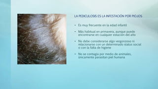 LA PEDICULOSIS ES LA INFESTACIÓN POR PIOJOS 
• Es muy frecuente en la edad infantil 
• Más habitual en primavera, aunque puede 
encontrarse en cualquier estación del año 
• No debe considerarse algo vergonzoso ni 
relacionarse con un determinado status social 
o con la falta de higiene 
• No se contagia por medio de animales, 
únicamente parasitan piel humana 
 