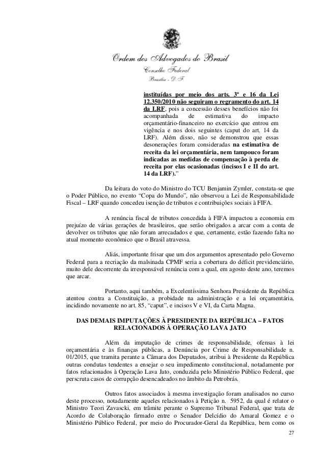 Pedido de impeachment de dilma formulado pela oab Pedido de impeachment de dilma formulado pela oab