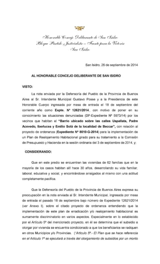 374-HCD-2014 Pedido de Informes al Departamento Ejecutivo sobre el Plan de Realojamiento del Barrio Uspallata de Beccar.