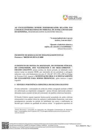 AO EXCELENTÍSSIMO SENHOR DESEMBARGADOR RELATOR DAS
CÂMARAS CÍVEIS REUNIDAS DO TRIBUNAL DE JUSTIÇA DO ESTADO
DE RONDÔNIA, D...