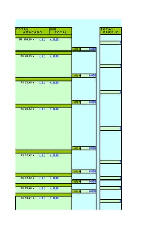 TOTAL                  SUB                       TOTAL
           ATACADO               TOTAL                    VAREJO

         R$ 196,99 x   ( 0 )   = 0.00
                                                                   0

                                         c/c =   0.000

          R$ 49,15 x   ( 0 )   = 0.00



                                                                   0


                                         c/c =   0.000

          R$ 27,48 x   ( 0 )   = 0.00



                                                                   0


                                         c/c =   0.000

          R$ 23,54 x   ( 0 )   = 0.00




                                                                   0




                                         c/c =   0.000

          R$ 31,42 x   ( 0 )   = 0.00

                                                                   0


                                         c/c =   0.000
ACTOS
          R$ 31,42 x   ( 0 )   = 0.00                              0
                                         c/c =   0.000

          R$ 27,48 x   ( 0 )   = 0.00                              0
                                         c/c =   0.000
CA
          R$ 19,21 x   ( 0 )   = 0.00
                                                                   0
 