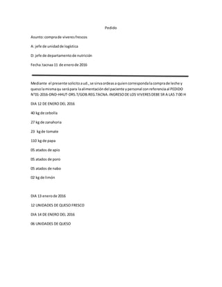 Pedido
Asunto:comprade viveresfrescos
A: jefe de unidadde logística
D: jefe de departamento de nutrición
Fecha:tacnaa 11 de enerode 2016
Mediante el presente solicitoaud.,se sirvaordeasa quiencorrespondalacomprade leche y
quesolamismaqu serápara laalimentacióndel paciente ypersonal conreferenciaal PEDIDO
N°01-2016-DND-HHUT-DRS.T/GOB.REG.TACNA.INGRESODE LOS VIVERESDEBE SR A LAS 7:00 H
DIA 12 DE ENERO DEL 2016
40 kg de cebolla
27 kg de zanahoria
23 kgde tomate
110 kg de papa
05 atados de apio
05 atados de poro
05 atados de nabo
02 kg de limón
DIA 13 enerode 2016
12 UNIDADES DE QUESO FRESCO
DIA 14 DE ENERO DEL 2016
06 UNIDADES DE QUESO
 