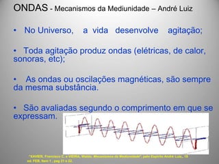 ONDAS - Mecanismos da Mediunidade – André Luiz
• No Universo, a vida desenvolve agitação;
• Toda agitação produz ondas (elétricas, de calor,
sonoras, etc);
• As ondas ou oscilações magnéticas, são sempre
da mesma substância.
• São avaliadas segundo o comprimento em que se
expressam.
“XAVIER, Francisco C. e VIEIRA, Waldo. Mecanismos da Mediunidade", pelo Espírito André Luiz,. 19
ed. FEB, Item 1 , pag 21 e 22.
 