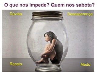 O que nos impede? Quem nos sabota?
Receio Medo
Dúvida Desesperança
 