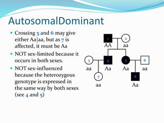 AutosomalDominant
 Crossing 5 and 6 may give
either Aa|aa, but as 7 is
affected, it must be Aa
 NOT sex-limited because it
occurs in both sexes.
 NOT sex-influenced
because the heterozygous
genotype is expressed in
the same way by both sexes
(see 4 and 5)
1 2
4 53
7
6
8
AA aa
Aa Aa aaaa
aa Aa
 