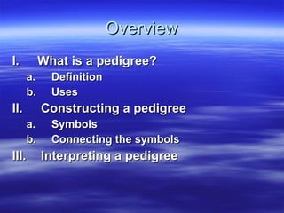 Overview <ul><li>What is a pedigree?  </li></ul><ul><ul><li>Definition </li></ul></ul><ul><ul><li>Uses </li></ul></ul><ul>...