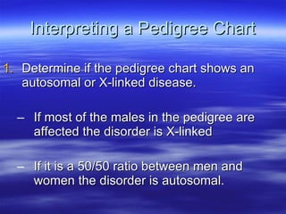 Interpreting a Pedigree Chart <ul><li>Determine if the pedigree chart shows an autosomal or X-linked disease. </li></ul><u...