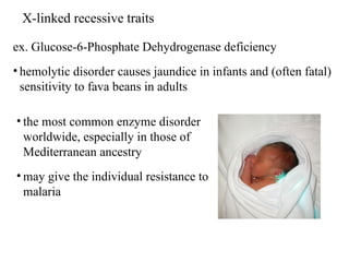 X-linked recessive traits ex. Glucose-6-Phosphate Dehydrogenase deficiency  hemolytic disorder causes jaundice in infants and (often fatal) sensitivity to fava beans in adults the most common enzyme disorder worldwide, especially in those of Mediterranean ancestry may give the individual resistance to malaria 
