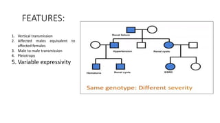 FEATURES:
1. Vertical transmission
2. Affected males equivalent to
affected females
3. Male to male transmission
4. Pleiotropy
5. Variable expressivity
 