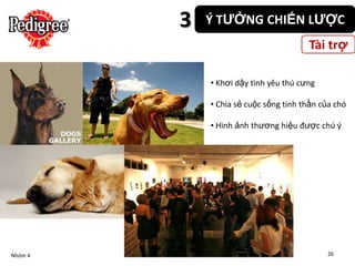 3   Ý TƯỞNG CHIẾN LƯỢC
                                       Tài trợ

             • Khơi dậy tình yêu thú cưng

             • Chia sẻ cuộc sống tinh thần của chó

             • Hình ảnh thương hiệu được chú ý




Nhóm 4                                      26
 