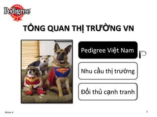 TỔNG QUAN THỊ TRƯỜNG VN

                    Pedigree Việt Nam

                    Nhu cầu thị trường


                    Đối thủ cạnh tranh

Nhóm 4                                   3
 