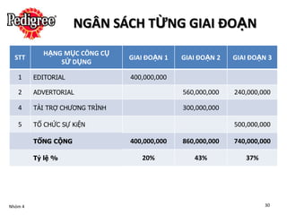NGÂN SÁCH TỪNG GIAI ĐOẠN
           HẠNG MỤC CÔNG CỤ
  STT                           GIAI ĐOẠN 1   GIAI ĐOẠN 2   GIAI ĐOẠN 3
               SỬ DỤNG

   1     EDITORIAL              400,000,000

   2     ADVERTORIAL                          560,000,000   240,000,000

   4     TÀI TRỢ CHƯƠNG TRÌNH                 300,000,000

   5     TỔ CHỨC SỰ KiỆN                                    500,000,000

         TỔNG CỘNG              400,000,000   860,000,000   740,000,000

         Tỷ lệ %                   20%           43%           37%




Nhóm 4                                                               30
 