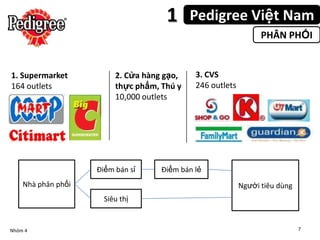 1      Pedigree Việt Nam
                                                                 PHÂN PHỐI


1. Supermarket           2. Cửa hàng gạo,    3. CVS
164 outlets              thực phẩm, Thú y    246 outlets
                         10,000 outlets




                    Điểm bán sỉ     Điểm bán lẻ
    Nhà phân phối                                          Người tiêu dùng
                      Siêu thị


Nhóm 4                                                                       7
 