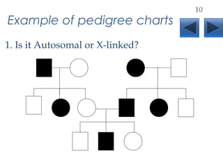 Example of pedigree charts
1. Is it Autosomal or X-linked?
10
 