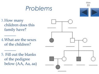 Problems
3.How many
children does this
family have?
______
4.What are the sexes
of the children?
______
5. Fill out the blanks
of the pedigree
below (AA, Aa, aa)
Slide
22
 