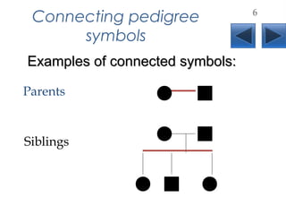 Connecting pedigree
symbols
Parents
Examples of connected symbols:Examples of connected symbols:
6
Siblings
 