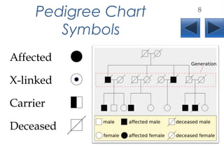 Pedigree Chart
Symbols
Deceased
8
Affected
Carrier
X-linked
 