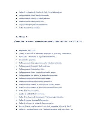 Fichas de evaluación de Diseños de Aula (Escuela Completa)
    Ficha de evaluación de Trabajo Simultáneo.
    Ficha de evaluación de actividades prácticas.
    Ficha de evaluación de cultura física.
    Disposiciones para período de matrículas.
    Fichas de control de asistencia.




  5. ANEXO 3.

AÑO DE SERVICIO EDUCATIVO RURAL OBLIGATORIO: QUINTO Y SEXTO NIVEL




    Reglamento del ASERO.
    Cuadro de ubicación de estudiantes profesores /as, escuelas y comunidades.
    Actividades a desarrollar en el período de matrículas.
    Lineamientos generales.
    Ficha de evaluación y seguimiento de las prácticas semanales.
    Ficha de evaluación de actividades prácticas.
    Ficha de evaluación de cultura física.
    Ficha de evaluación del plan de investigación acción.
    Ficha de evaluación del plan de desarrollo comunitario.
    Ficha de seguimiento de investigación acción.
    Ficha de seguimiento de desarrollo comunitario.
    Ficha de evaluación final de investigación acción e informe.
    Ficha de evaluación final de desarrollo comunitario e informe.
    Fichas de evaluación teóricas.
    Cuadro de salida de Supervisores /as.
    Fichas de evaluación de Instrumentos Curriculares por trimestre.
    Fichas de plan de visitas de la Supervisión.
    Fichas de informes de visitas de Supervisores /as.
    Informe final de cada Supervisor /a, previa la aprobación del Año de Rural.
    Fichas de control de asistencia de Estudiantes Maestros /as y Supervisores /as.
 