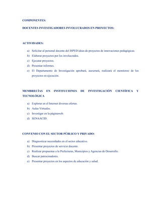 COMPONENTES:

DOCENTES INVESTIGADORES INVOLUCRADOS EN PROYECTOS:




ACTIVIDADES:

  a) Solicitar al personal docente del ISPED ideas de proyectos de innovaciones pedagógicas.
  b) Elaborar proyectos por los involucrados.
  c) Ejecutar proyectos.
  d) Presentar informes.
  e) El Departamento de Investigación aprobará, asesorará, realizará el monitoreo de los
      proyectos en ejecución.




MEMBRECÍAS        EN     INSTITUCIONES           DE     INVESTIGACIÓN       CIENTÍFICA         Y
TECNOLÓGICA

  a) Explorar en el Internet diversas ofertas.
  b) Aulas Virtuales.
  c) Investigar en la páginaweb.
  d) SENAACID.




CONVENIO CON EL SECTOR PÚBLICO Y PRIVADO:

  a) Diagnosticar necesidades en el sector educativo.
  b) Presentar proyectos de servicio docente.
  c) Realizar propuestas a la Prefecturas, Municipios y Agencias de Desarrollo.
  d) Buscar patrocinadores.
  e) Presentar proyectos en los aspectos de educación y salud.
 