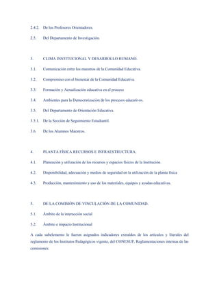 2.4.2. De los Profesores Orientadores.

2.5.   Del Departamento de Investigación.




3.     CLIMA INSTITUCIONAL Y DESARROLLO HUMANO.

3.1.   Comunicación entre los maestros de la Comunidad Educativa.

3.2.   Compromiso con el bienestar de la Comunidad Educativa.

3.3.   Formación y Actualización educativa en el proceso

3.4.   Ambientes para la Democratización de los procesos educativos.

3.5.   Del Departamento de Orientación Educativa.

3.5.1. De la Sección de Seguimiento Estudiantil.

3.6.   De los Alumnos Maestros.




4.     PLANTA FÍSICA RECURSOS E INFRAESTRUCTURA.

4.1.   Planeación y utilización de los recursos y espacios físicos de la Institución.

4.2.   Disponibilidad, adecuación y medios de seguridad en la utilización de la planta física

4.3.   Producción, mantenimiento y uso de los materiales, equipos y ayudas educativas.




5.     DE LA COMISIÓN DE VINCULACIÓN DE LA COMUNIDAD.

5.1.   Ámbito de la interacción social

5.2.   Ámbito e impacto Institucional

A cada subelemento le fueron asignados indicadores extraídos de los artículos y literales del
reglamento de los Institutos Pedagógicos vigente, del CONESUP, Reglamentaciones internas de las
comisiones:
 