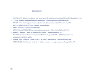 BIBLIOGRAFÍA




      CHIAVENATO, Idalberto. Introducción a la teoría general de la administración.EditorialMcGraw-Hill.Quintaedición.1982.
      CLAUDE, GeorgeJr.Historiadelpensamiento administrativo. EditorialPrentice-Hall.Primeraedición1987.
      DÁVILA, Carlos. Teorías organizacionales y administración. Enfoque crítico.EditorialInteramericana.1985.
      KAPLAN, Robert y NORTON David, El Cuadro de mando integral.
      KPMGLatinoamérica.Edicionesgestión2000.1997.
      KOONTZ,HaroldyWEIHRICH,Heinz.Administración,unaperspectiva global. EditorialMcGrawHill.1998.
      MERRILL, Harwood. Clásicos en administración. Editorial Limusa.Primeraedición.1975.
      RAMA,Claudio.InformesobrelaeducaciónsuperiorenAméricaLatina y elcaribe2000 – 2005. lametamorfosisdela
      eeducación.IESALC.Mayo de2006.
      STONER, James; FREEMAN, Eduardy GILBERT JR, Daniel R.Administración. EditorialPrenticeHall.1996.
      VILLAMIL, Elizabeth. Gerencia Moderna. Un enfoque sistémico y estratégico.ImpresoporCargraphicsS.A.1998




189
 