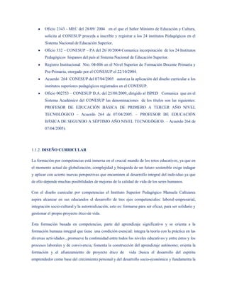 Oficio 2343 - MEC del 28/09/ 2004 en el que el Señor Ministro de Educación y Cultura,
        solicita al CONESUP proceda a inscribir y registrar a los 24 institutos Pedagógicos en el
        Sistema Nacional de Educación Superior.
        Oficio 332 – CONESUP – PA del 26/10/2004 Comunica incorporación de los 24 Institutos
        Pedagógicos hispanos del país al Sistema Nacional de Educación Superior.
        Registro Institucional Nro. 04-006 en el Nivel Superior de Formación Docente Primaria y
        Pre-Primaria, otorgado por el CONESUP el 22/10/2004.
        Acuerdo 264 CONESUP del 07/04/2005 autoriza la aplicación del diseño curricular a los
        institutos superiores pedagógicos registrados en el CONESUP.
        Oficio 002753 – CONESUP D.A. del 25/08/2009, dirigido al ISPED Comunica que en el
        Sistema Académico del CONESUP las denominaciones de los títulos son las siguientes:
        PROFESOR DE EDUCACIÓN BÁSICA DE PRIMERO A TERCER AÑO NIVEL
        TECNOLÓGICO – Acuerdo 264 de 07/04/2005. – PROFESOR DE EDUCACIÓN
        BÁSICA DE SEGUNDO A SÉPTIMO AÑO NIVEL TECNOLÓGICO. – Acuerdo 264 de
        07/04/2005).




1.1.2. DISEÑO CURRICULAR

La formación por competencias está inmersa en el crucial mundo de los retos educativos, ya que en
el momento actual de globalización, complejidad y búsqueda de un futuro sostenible exige indagar
y aplicar con acierto nuevas perspectivas que encaminen al desarrollo integral del individuo ya que
de ello depende muchas posibilidades de mejoras de la calidad de vida de los seres humanos.

Con el diseño cunicular por competencias el Instituto Superior Pedagógico Manuela Cañizares
aspira alcanzar en sus educandos el desarrollo de tres ejes competenciales: laboral-empresarial,
integración socio-cultural y la autorrealización, esto es: formarse para ser eficaz, para ser solidario y
gestionar el propio proyecto ético de vida.

Esta formación basada en competencias, parte del aprendizaje significativo y se orienta a la
formación humana integral que tiene una condición esencial: integra la teoría con la práctica en las
diversas actividades , promueve la continuidad entre todos los niveles educativos y entre éstos y los
procesos laborales y de convivencia, fomenta la construcción del aprendizaje autónomo; orienta la
formación y el afianzamiento de proyecto ético de             vida ;busca el desarrollo del espíritu
emprendedor como base del crecimiento personal y del desarrollo socio-económico y fundamenta la
 