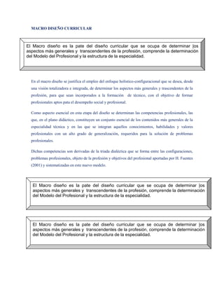 MACRO DISEÑO CURRICULAR



El Macro diseño es la pate del diseño curricular que se ocupa de determinar |os
aspectos más generales y transcendentes de la profesión, comprende la determinación
del Modelo del Profesional y la estructura de la especialidad.




  En el macro diseño se justifica el empleo del enfoque holístico-configuracional que se desea, desde
  una visión totalizadora e integrada, de determinar los aspectos más generales y trascendentes de la
  profesión, para que sean incorporados a la formación de técnico, con el objetivo de formar
  profesionales aptos pata el desempeño social y profesional.

  Como aspecto esencial en esta etapa del diseño se determinan las competencias profesionales, las
  que, en el plano didáctico, constituyen un conjunto esencial de los contenidos más generales de la
  especialidad técnica y en las que se integran aquellos conocimientos, habilidades y valores
  profesionales con un alto grado de generalización, requeridos para la solución de problemas
  profesionales.

  Dichas competencias son derivadas de la triada dialéctica que se forma entre las configuraciones,
  problemas profesionales, objeto de la profesión y objetivos del profesional aportadas por H. Fuentes
  (2001) y sistematizadas en este nuevo modelo.




   El Macro diseño es la pate del diseño curricular que se ocupa de determinar |os
   aspectos más generales y transcendentes de la profesión, comprende la determinación
   del Modelo del Profesional y la estructura de la especialidad.




   El Macro diseño es la pate del diseño curricular que se ocupa de determinar |os
   aspectos más generales y transcendentes de la profesión, comprende la determinación
   del Modelo del Profesional y la estructura de la especialidad.
 