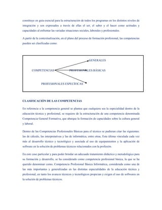 constituye en guía esencial para la estructuración de todos los programas en los distintos niveles de
integración y son expresados a través de ellas el ser, el saber y el hacer como actitudes y
capacidades al enfrentar las variadas situaciones sociales, laborales y profesionales.

A partir de la contextualización, en el plano del proceso de formación profesional, las competencias
pueden ser clasificadas como:




                                                          GENERALES


        COMPETENCIAS                     PROFESIONALES BÁSICAS



                PROFESIONALES ESPECÍFICAS




CLASIFICACIÓN DE LAS COMPETENCIAS

En referencia a la competencia general se plantea que cualquiera sea la especialidad dentro de la
educación técnica y profesional, se requiere de la estructuración de una competencia denominada
Competencia General Formativa, que abarque la formación de capacidades sobre la cultura general
y laboral.

Dentro de las Competencias Profesionales Básicas para el técnico se pudieran citar las siguientes:
las de cálculo, las interpretativas y las de informática, entre otras, Esta última vinculada cada vez
más al desarrollo técnico y tecnológico y asociada al uso de equipamientos y la aplicación de
software en la solución de problemas técnicos relacionados con la profesión.

En este caso particular y para poder brindar un adecuado tratamiento didáctico y metodológico para
su formación y desarrollo, se ha considerado como competencia profesional básica, la que se ha
querido denominar como, Competencia Profesional Básica Informática, considerada como una de
las más importantes y generalizadas en las distintas especialidades de la educación técnica y
profesional, en tanto los avances técnicos y tecnológicos propician y exigen el uso de softwares en
la solución de problemas técnicos.
 