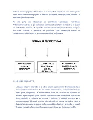 Se deberá entonces preparar al futuro técnico en el manejo de la computadora como cultura general
y en la aplicación de distintos paquetes de softwares relacionados con la especialidad, dirigidos a la
solución de problemas técnicos.

Por     otra    parte   son    estructuradas    las   competencias     denominadas     Competencias
ProfesionalesEspecificas, las que asumirán un nombre que la caracterice en función de su relación
con el objeto de la profesión y de la cualidad que sobre la misma deba poseer el técnico, ellas por si
sola deben identificar el desempeño del profesional. Estas competencias abarcan los
comportamientos más generales en la solución de problemas profesionales.



                              SISTEMA DE COMPETENCIAS




         COMPETENCIA                       COMPETENCIA                     COMPETENCIAS
           GENERAL                         PROFESIONAL                     PROFESIONALES
          FORMATIVA                           BÁSICA                         ESPECÍFICAS
                                           INFORMÁTICA



1.1. MODELO EDUCATIVO


      Un modelo educativo innovador no es sólo la adicción de un conjunto de aportaciones más o
      menos novedosas: es mucho más. De esta forma la primera mirada a los modelos ha de ser una
      mirada global, comprensiva. Si deseamos saber cuáles son las claves que hacen que una
      propuesta haya conseguido aportar elementos transformadores de forma exitosa, mejorando de
      forma cuantitativa y cualitativa sus procesos y resultados, es necesario comenzar por la
      panorámica general del modelo como un todo indivisible por manera que tome en cuenta la
      docencia, la investigación, la relación con las comunidades educativas y la sociedad en general.
      Desde esa perspectiva, hemos identificado cuatro características que distinguen el modelo.
 