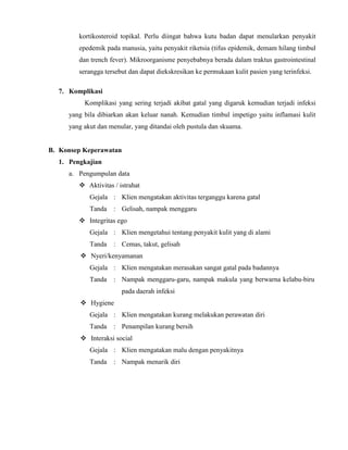 kortikosteroid topikal. Perlu diingat bahwa kutu badan dapat menularkan penyakit
epedemik pada manusia, yaitu penyakit riketsia (tifus epidemik, demam hilang timbul
dan trench fever). Mikroorganisme penyebabnya berada dalam traktus gastrointestinal
serangga tersebut dan dapat diekskresikan ke permukaan kulit pasien yang terinfeksi.
7. Komplikasi
Komplikasi yang sering terjadi akibat gatal yang digaruk kemudian terjadi infeksi
yang bila dibiarkan akan keluar nanah. Kemudian timbul impetigo yaitu inflamasi kulit
yang akut dan menular, yang ditandai oleh pustula dan skuama.

B. Konsep Keperawatan
1. Pengkajian
a. Pengumpulan data
 Aktivitas / istrahat
Gejala : Klien mengatakan aktivitas terganggu karena gatal
Tanda

: Gelisah, nampak menggaru

 Integritas ego
Gejala : Klien mengetahui tentang penyakit kulit yang di alami
Tanda

: Cemas, takut, gelisah

 Nyeri/kenyamanan
Gejala : Klien mengatakan merasakan sangat gatal pada badannya
Tanda

: Nampak menggaru-garu, nampak makula yang berwarna kelabu-biru
pada daerah infeksi

 Hygiene
Gejala : Klien mengatakan kurang melakukan perawatan diri
Tanda

: Penampilan kurang bersih

 Interaksi social
Gejala : Klien mengatakan malu dengan penyakitnya
Tanda

: Nampak menarik diri

 