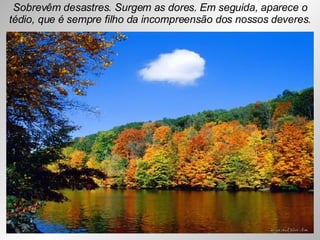 Sobrevêm desastres. Surgem as dores. Em seguida, aparece o tédio, que é sempre filho da incompreensão dos nossos deveres. 