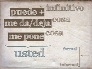 infinitivo
formal
informal
puede +
cosame da/deja
cosame pone
usted
 