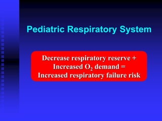 Pediatric Respiratory System
Decrease respiratory reserve +
Increased O2 demand =
Increased respiratory failure risk
 