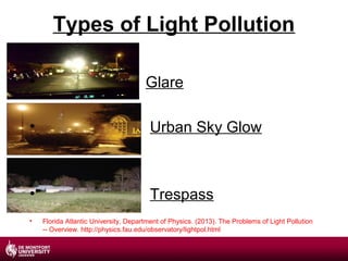 Types of Light Pollution
•

Glare

•

Urban Sky Glow

•

Trespass

•

Florida Atlantic University, Department of Physics. (2013). The Problems of Light Pollution
-- Overview. http://physics.fau.edu/observatory/lightpol.html

 