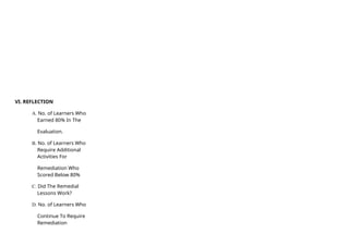 VI. REFLECTION
A. No. of Learners Who
Earned 80% In The
Evaluation.
B. No. of Learners Who
Require Additional
Activities For
Remediation Who
Scored Below 80%
C. Did The Remedial
Lessons Work?
D. No. of Learners Who
Continue To Require
Remediation
 