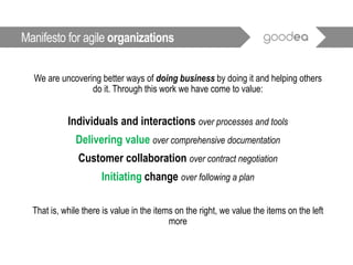 We are uncovering better ways of doing business by doing it and helping others
do it. Through this work we have come to value:
Individuals and interactions over processes and tools
Delivering value over comprehensive documentation
Customer collaboration over contract negotiation
Initiating change over following a plan
That is, while there is value in the items on the right, we value the items on the left
more
Manifesto for agile organizations
 