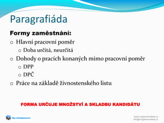 Paragrafiáda
Formy zaměstnání:
o Hlavní pracovní poměr
o Doba určitá, neurčitá
o Dohody o pracích konaných mimo pracovní poměr
o DPP
o DPČ
o Práce na základě živnostenského listu
FORMA URČUJE MNOŽSTVÍ A SKLADBU KANDIDÁTU
www.mujpersonalista.cz
info@mujpersonalista.cz
 