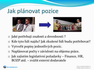 Jak plánovat pozice
o Jaké potřebuji znalosti a dovednosti ?
o Kde tyto lidi najdu? Jak zkušené lidi budu potřebovat?
o Vytvořit popisy jednotlivých pozic.
o Naplánovat počty v závislosti na objemu práce.
o Jak zajistím legislativní požadavky – Finance, HR,
BOZP atd. – zvážit externí dodavatele
www.mujpersonalista.cz
info@mujpersonalista.cz
 