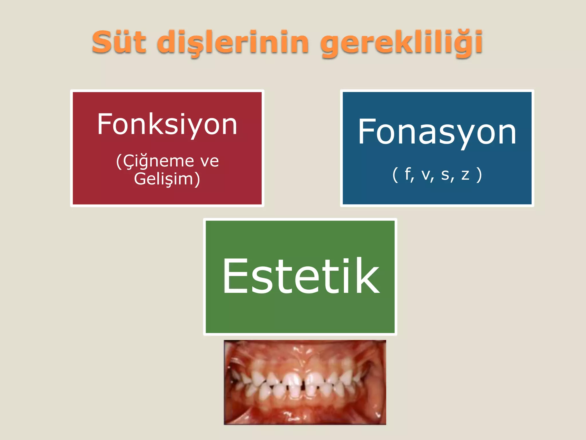 Süt dişlerinin gerekliliği
Fonksiyon
(Çiğneme ve
Gelişim)
Fonasyon
( f, v, s, z )
Estetik
 