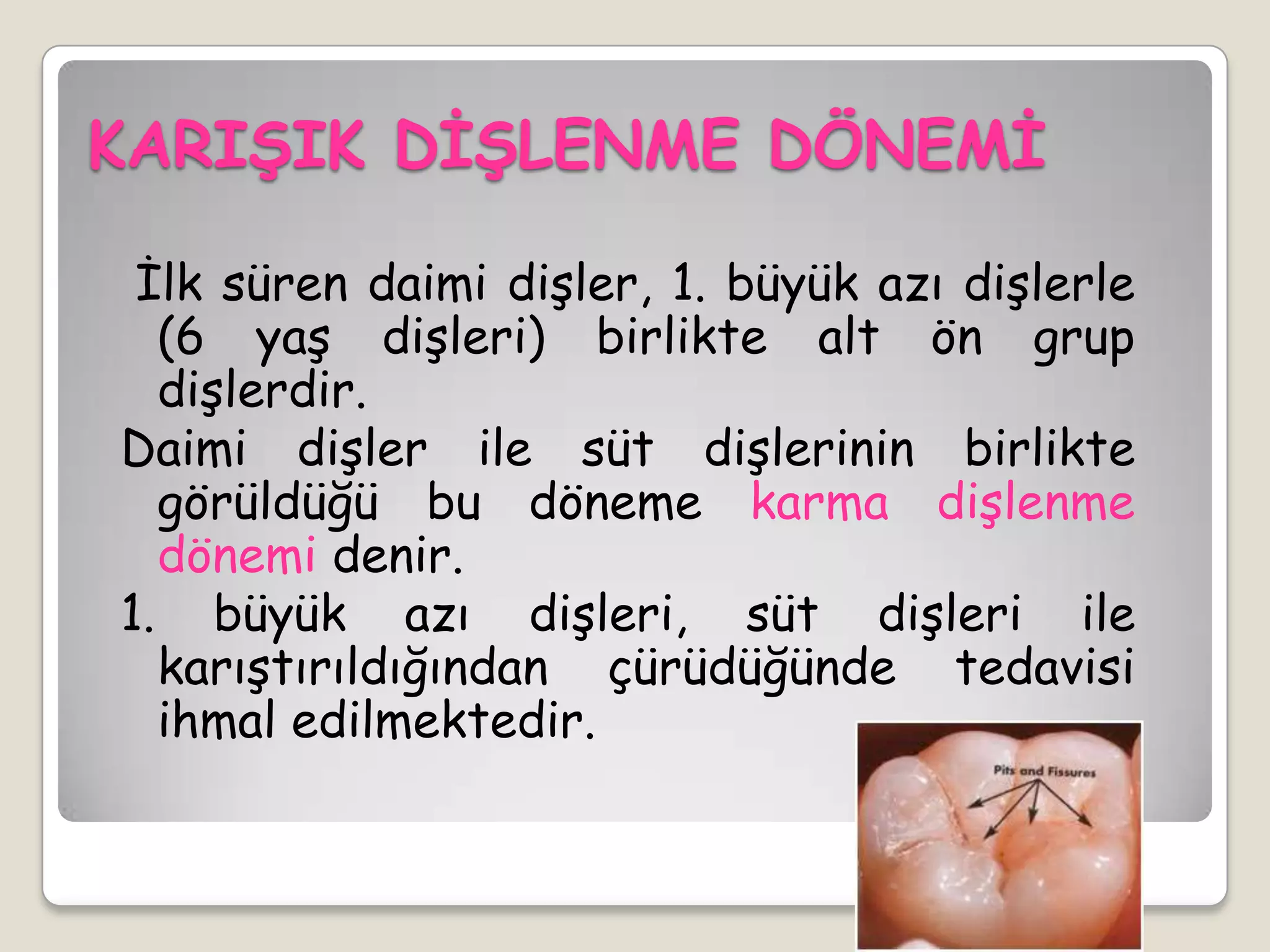 KARIġIK DĠġLENME DÖNEMĠ
İlk süren daimi dişler, 1. büyük azı dişlerle
(6 yaş dişleri) birlikte alt ön grup
dişlerdir.
Daimi dişler ile süt dişlerinin birlikte
görüldüğü bu döneme karma dişlenme
dönemi denir.
1. büyük azı dişleri, süt dişleri ile
karıştırıldığından çürüdüğünde tedavisi
ihmal edilmektedir.
 