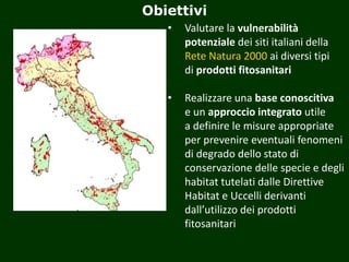 Obiettivi
• Valutare la vulnerabilità
potenziale dei siti italiani della
Rete Natura 2000 ai diversi tipi
di prodotti fitosanitari
• Realizzare una base conoscitiva
e un approccio integrato utile
a definire le misure appropriate
per prevenire eventuali fenomeni
di degrado dello stato di
conservazione delle specie e degli
habitat tutelati dalle Direttive
Habitat e Uccelli derivanti
dall’utilizzo dei prodotti
fitosanitari
 