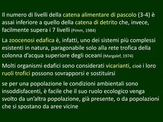 Il numero di livelli della catena alimentare di pascolo (3-4) è
assai inferiore a quello della catena di detrito che, invece,
facilmente supera i 7 livelli (Pimm, 1984)
La zoocenosi edafica è, infatti, uno dei sistemi più complessi
esistenti in natura, paragonabile solo alla rete trofica della
colonna d’acqua superiore degli oceani (Margalef, 1974)
Molti organismi edafici sono considerati vicarianti, cioè i loro
ruoli trofici possono sovrapporsi e sostituirsi
se per una popolazione le condizioni ambientali sono
insoddisfacenti, è facile che il suo ruolo ecologico venga
svolto da un’altra popolazione, già presente, o da popolazioni
che si spostano da aree vicine
 