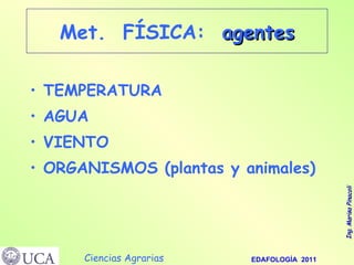 Met.  FÍSICA:  agentes TEMPERATURA AGUA VIENTO ORGANISMOS (plantas y animales) 