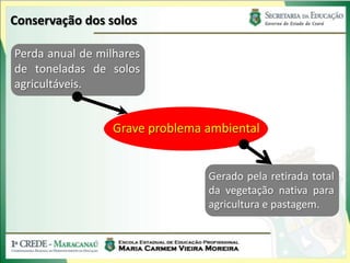 Conservação dos solos

Perda anual de milhares
de toneladas de solos
agricultáveis.


                  Grave problema ambiental


                                 Gerado pela retirada total
                                 da vegetação nativa para
                                 agricultura e pastagem.
 