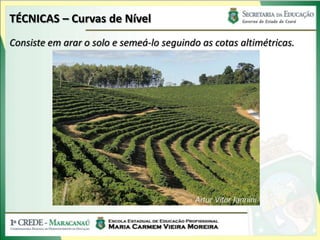 TÉCNICAS – Curvas de Nível
Consiste em arar o solo e semeá-lo seguindo as cotas altimétricas.
 
